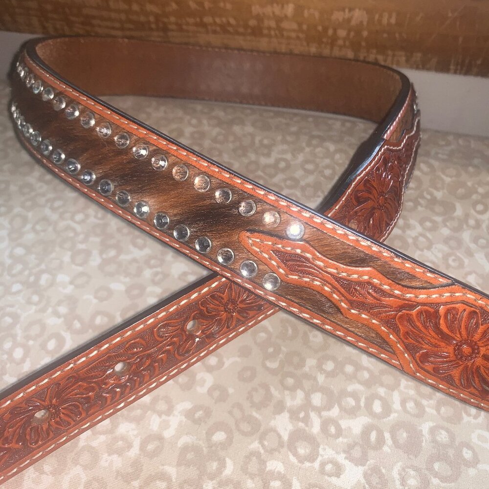 Western Tooled Hair-on Studded Belt 32”